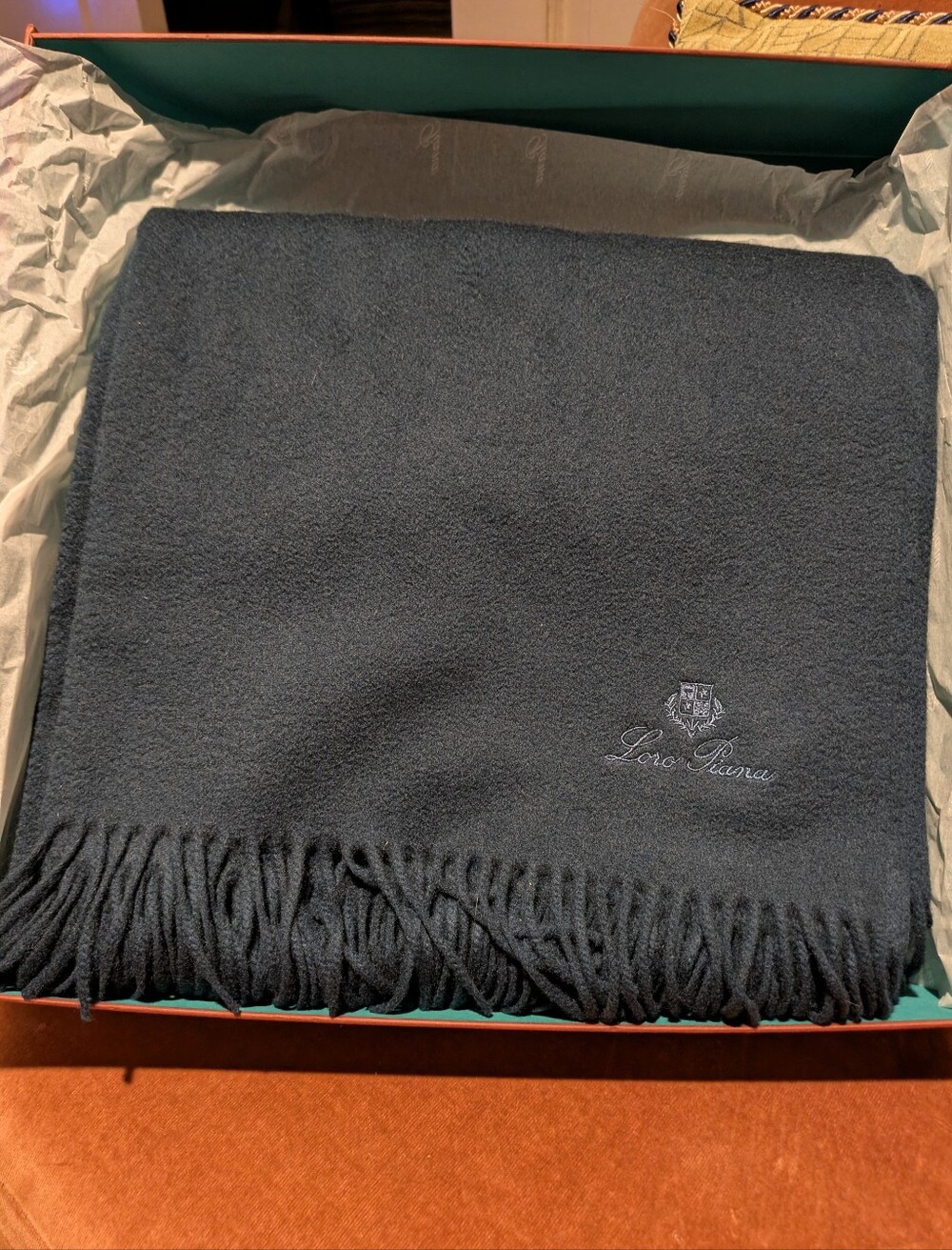Loro Piana Dark Navy Cashmere Fringe Scarf